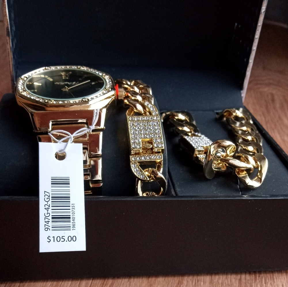 Ed Hardy Men's Gold Tone Metal Alloy Cuban Chain, Bracelet & Watch Gift Set